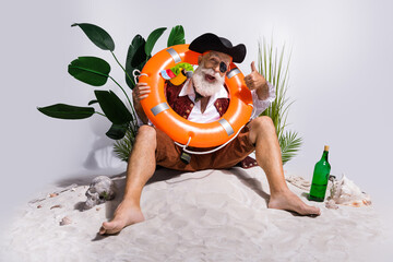 Elderly pirate posing joyfully on sandy beach with tropical plants, wearing a buccaneer costume,...
