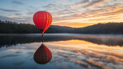 Red Hot Air Balloon Over Calm Lake at Sunrise