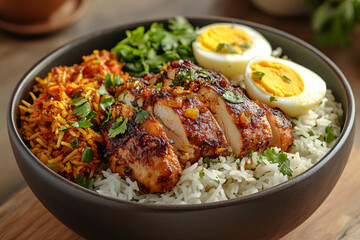 Fototapeta premium Delicious Chicken Biryani Dish with Aromatic Spices and Fresh Side Accompaniments