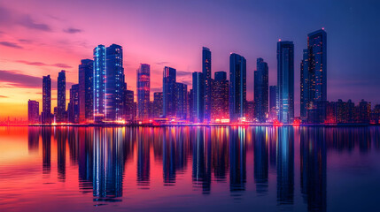 Obraz premium Futuristic City Skyline At Sunset With Vibrant Colors And Reflections On Water, Creating A Neon-Lit Urban Landscape. Generative AI
