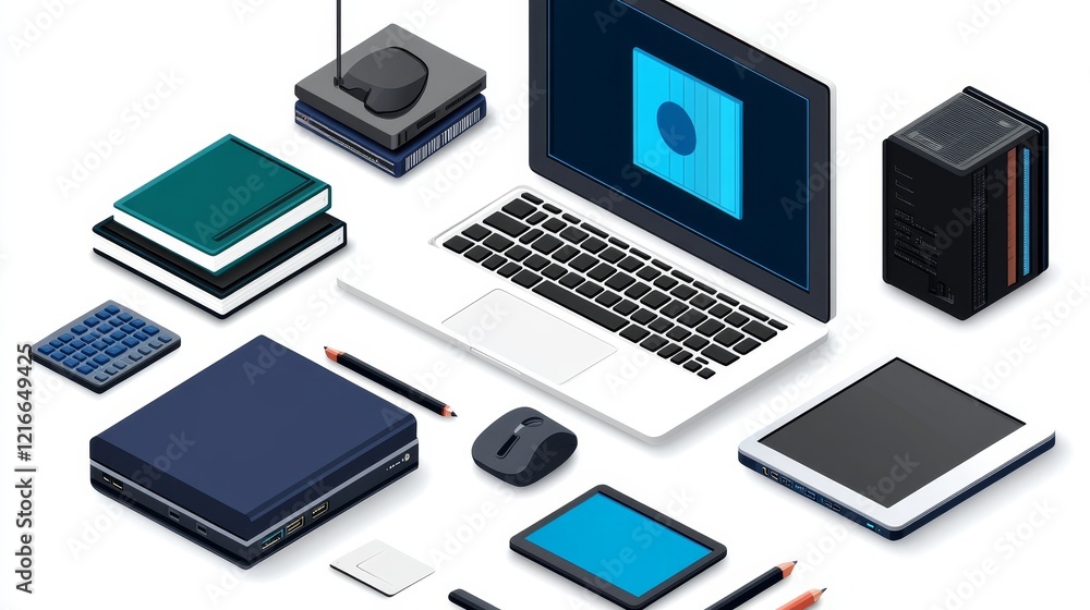 Poster isometric illustration of a modern tech workspace with various devices and peripherals