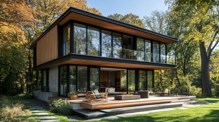 Obraz premium modern house with wood siding and large windows nestled in the woods