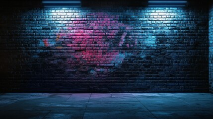 Urban alley adorned with vibrant graffiti under blue neon lights at night, showcasing artistic expressions and urban culture in a lively atmosphere