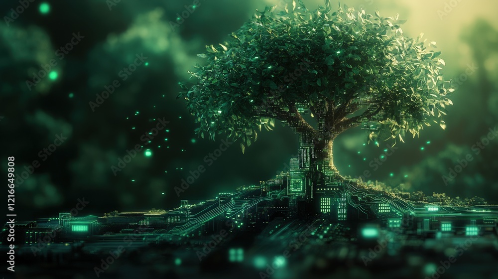 Poster a digital tree growing from a circuit board, symbolizing the connection between nature and technolog