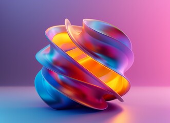 A colorful abstract metal twisted sphere sculpture with a glossy surface, blending vibrant shades of neon blue, orange, and pink colors