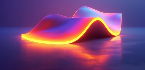 Abstract neon wave sculpture or stream of curved space emitting vibrant colors, reflecting on a smooth surface under soft ambient lighting