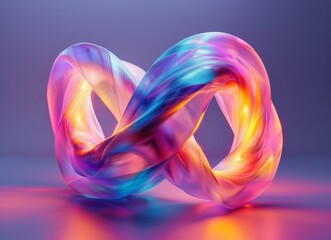 A vibrant abstract fragile paper infinity loop sculpture featuring warp flow with glowing gradients of pink, blue, orange, and purple on a smooth background