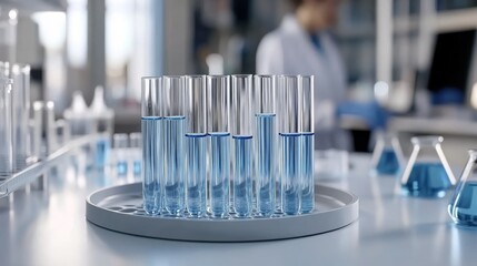 Test tubes filled with blue liquid are arranged on a tray in a lab while blurred researchers work in the background on experiments