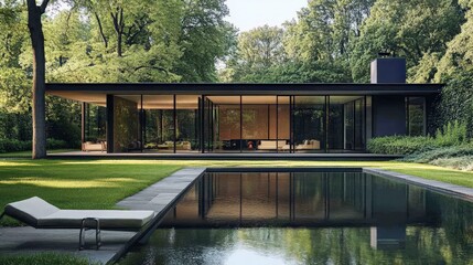 A sleek, modern house with large glass windows and an infinity pool in front of it. The garden is lush with green grass and trees around the edges.