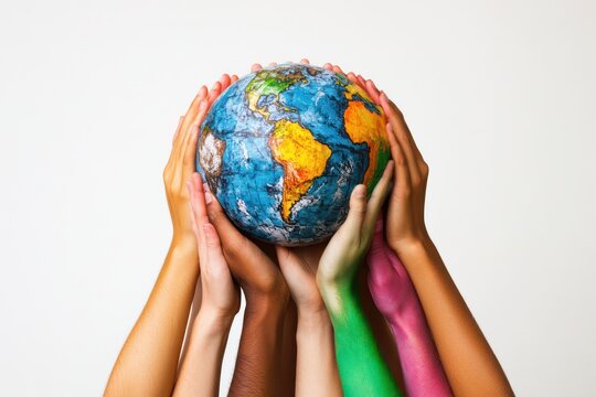 Multi-colored hands holding up a globe symbolizing global collaboration and unity