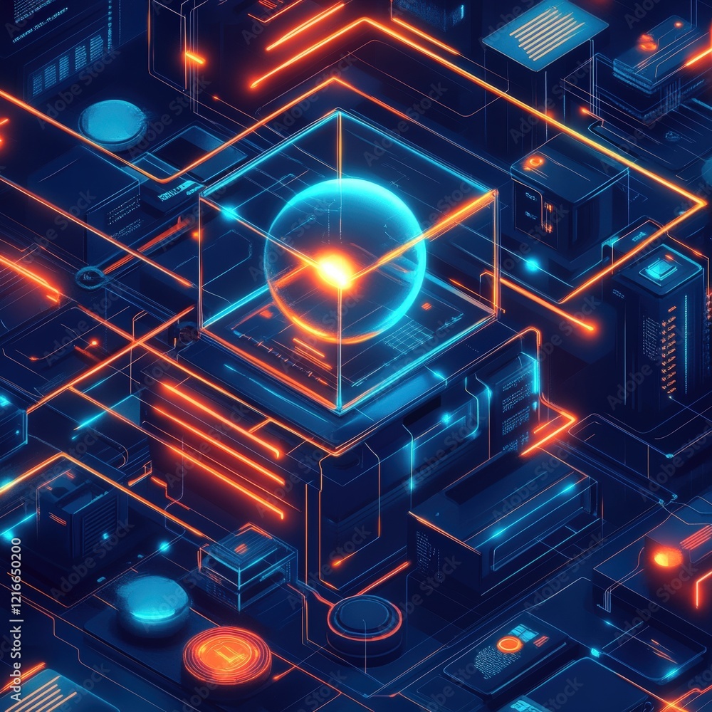 Poster futuristic glowing cube with data transfer and digital technology in isometric view
