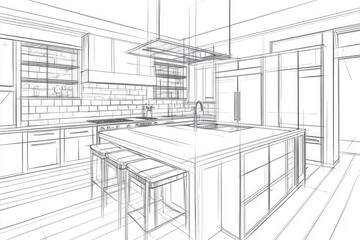 modern kitchen architectural drawing sketch design with island and bar stools