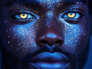 Naklejka premium Close-up portrait reveals striking features and luminous details under vibrant blue lighting with glitter enhancing facial expressions and captivating golden eyes