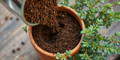 Close-up of compacted coffee grounds being poured into a small hole around a potted oregano plant, fertilizer application, herb cultivation