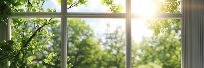 Sunlit Spring View Tranquil scene from a window overlooking a lush forest bathed in warm sunlight.
