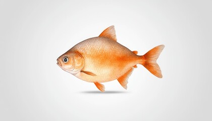 A vibrant orange goldfish gracefully swimming against a soft gray background, showcasing its elegant fins