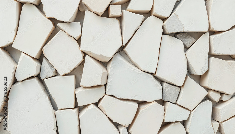 Poster mosaic wall made of white broken tiles creating an intricate pattern in a modern interior design