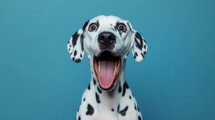 happy dalmatian dog with open mouth on blue background
