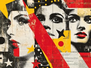 collage portrait of a woman with geometric shapes and newspaper print
