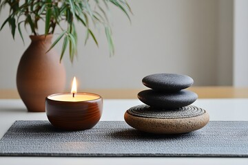 A workspace featuring a small zen garden and a candle, symbolizing relaxation and focus.