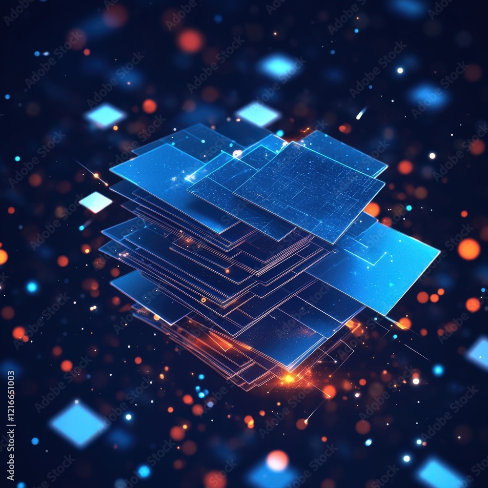 Poster abstract futuristic technology background with glowing blue digital data cube