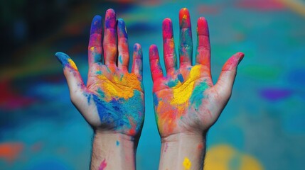 Colorful hands raised in celebration during a spring festival showcasing vibrant paint splashes in an outdoor setting