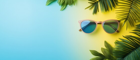 sunglasses and tropical leaves on a vibrant yellow and blue background, perfect for summer promotions