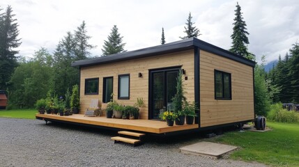 modern tiny home with deck and potted plants