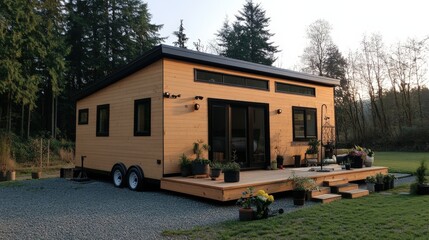 modern tiny house on wheels parked in a backyard