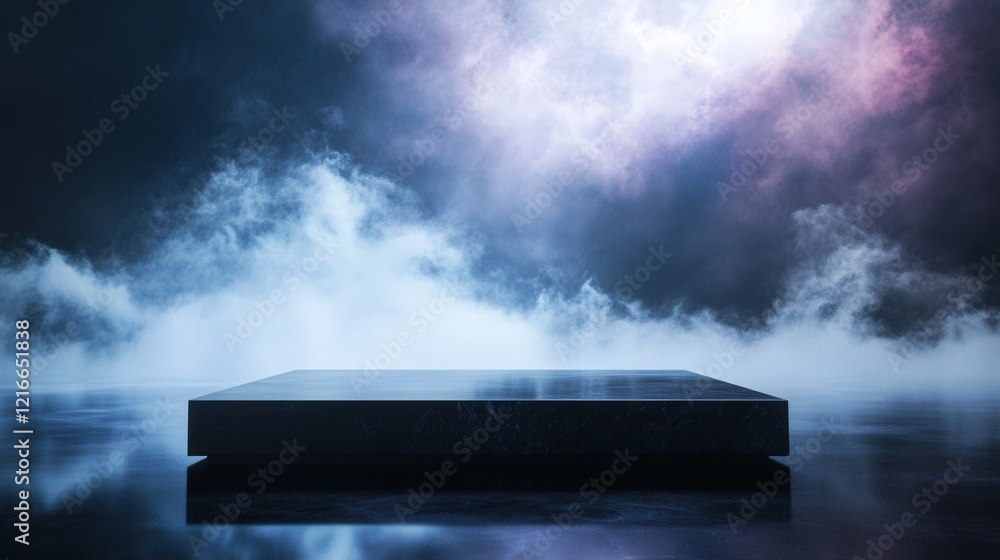 Poster empty black platform on water with fog and clouds in the background