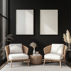 Modern Living Room with Rattan Chairs and Minimalist Decor