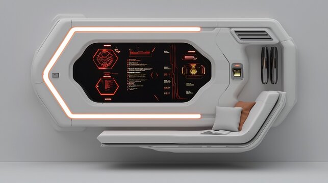 Futuristic spaceship interior with integrated control panel and lounge chair.