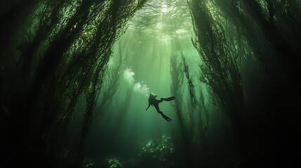 Diver exploring a kelp forest underwater scene