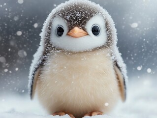 Cute baby penguin standing in snow during winter, surrounded by falling snowflakes, showcasing its fluffy feathers and bright eyes in a serene icy landscape