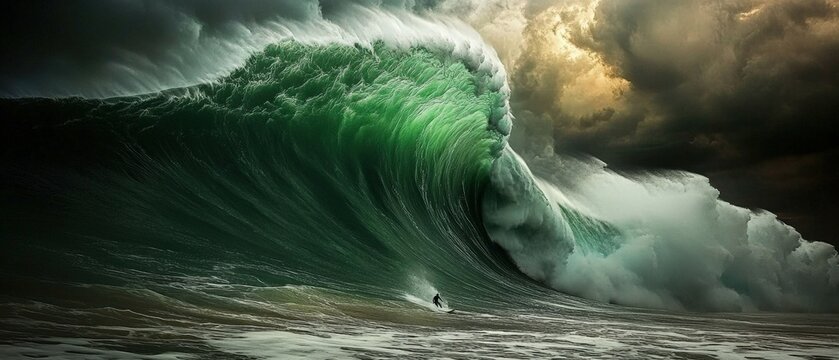 surfer riding a giant green wave under a stormy sky