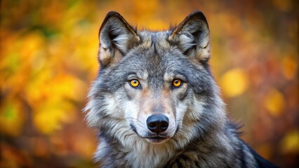 Fototapeta premium Close-up portrait of a gray wolf with piercing yellow eyes gazing directly into the camera against a blurred background of autumnal foliage, gray wolf, wildlife photography, close up, fall, nature