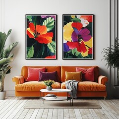 Vibrant Living Room with Floral Artwork and Cozy Furniture