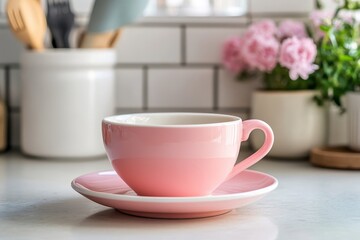 Obraz premium Cup and saucer on the counter, Generative AI