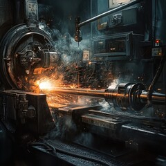 industrial lathe machine cutting metal with sparks and smoke in a factory