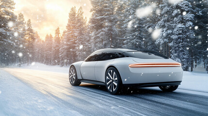 minimalist sleek boxy car quiet snowy winter road frosted trees soft snowfall serene cold sky,peaceful modern journey,race,game,retired,motor,wheel,sedan,beauty,crisp,clean,travel,explore,vibes,