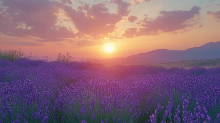 Obraz premium Sunset Lavender Field, Mountain Background, Idyllic Scene