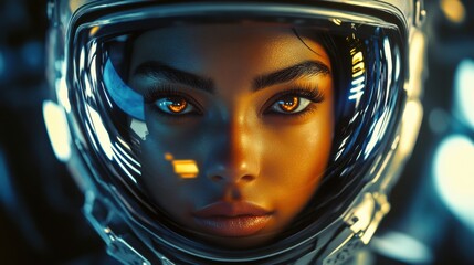 Astronaut with striking eyes prepares for space mission in futuristic environment showcasing advanced technology