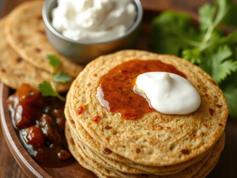 Close-up shot of a stack of raagi attu millet pancakes with a side of chutney and a dollop of yogurt, raagi attu, fresh herbs, whole grain