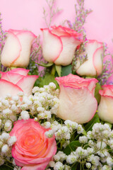Pink rose with white gypsophila bouquet on pink background