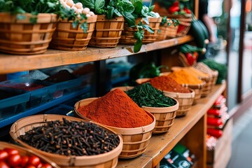 Fototapeta premium A variety of spices are displayed on a wooden shelf