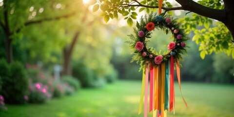 Spring floral wreath hangs from tree branch. Colorful ribbons decorate wreath. Rich green garden surrounds festive decor. Symbol of Beltane or Wiccan holiday. Festive spring celebration in garden.