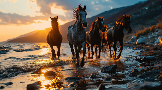 Wild horses running free on the beach sunset