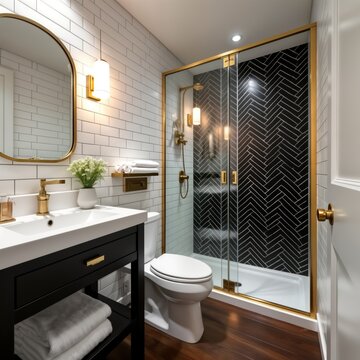 Modern white black, golden small bathroom with sleek design. White subway tiles, black chevron patterned tiles create stylish contrast. Gold fixtures, accessories add luxury. White sink, toilet