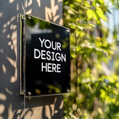 blank black acrylic sign mockup on a wall with plants