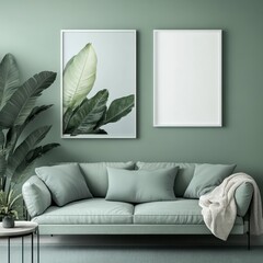 Cozy Living Room with Green Accents and Modern Design Elements